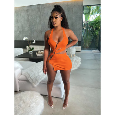 2023 Summer New Halter Dresses Sexy Slim Women's Dress Sleeveless Backless High Split Elegant Dres Party Club Hollow Mini Skirt