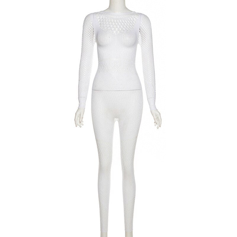 BoozRey Sexy Mesh Perspective Hollow High Waisted Trousers Long Tight Jumpsuit Women Skinny Long Sleeve Black Outfits Overalls