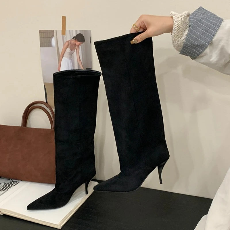 Aneikeh Autumn Winter Fashion Long Booties Shoes Thin Heels Concise Pointed Toe Pleated Knee-High Boots WomenZapatos De Mujer