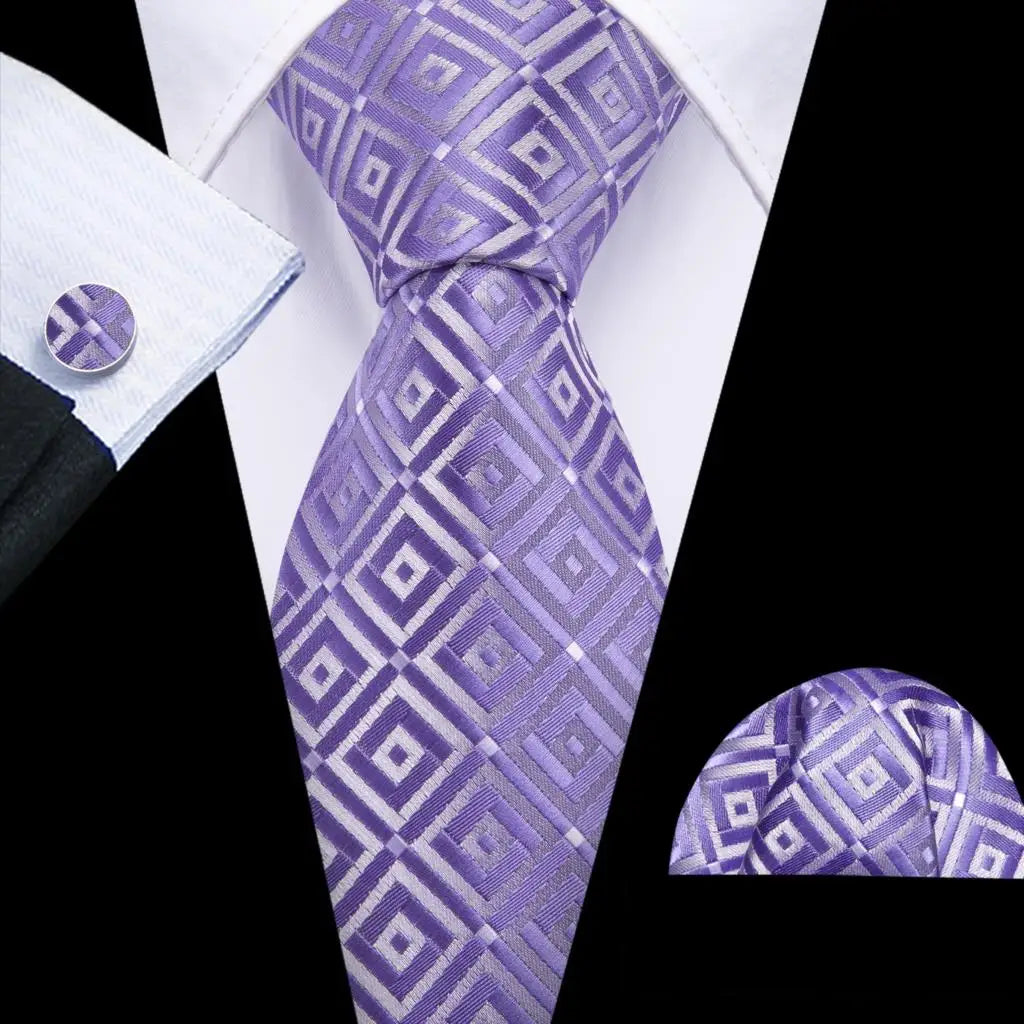 Barry.Wang Plaid Silk Men Tie Hanky Cufflinks Set Checked Jacquard Necktie for Male Formal Casual Wedding Business Party Events