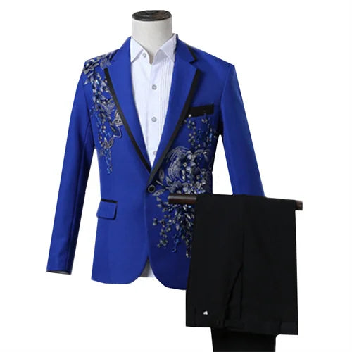 New Men Luxury Decal Suits Black / Red / Blue / White Fashion Singer Host Stage Performance Splicing Flower Blazers and Pants