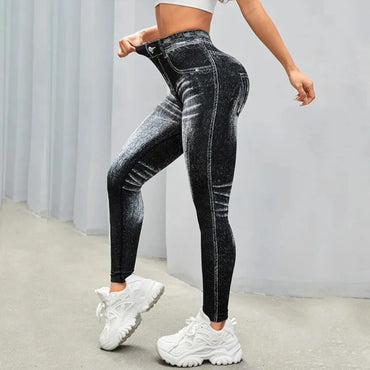 Women's Gym Printed Yoga Tight Pants Seamless High Waist Perforated Fake Pocket Tight Pants Yoga Fitness Pants