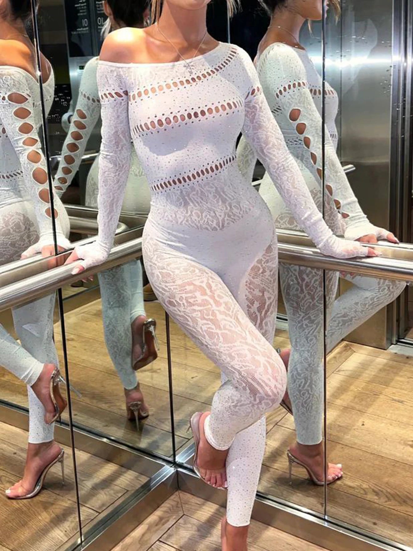 Sexy Long sleeve rhinestone bodycon jumpsuit women body bodysuit birthday party club Hollow out outfits womens jumpsuits overall