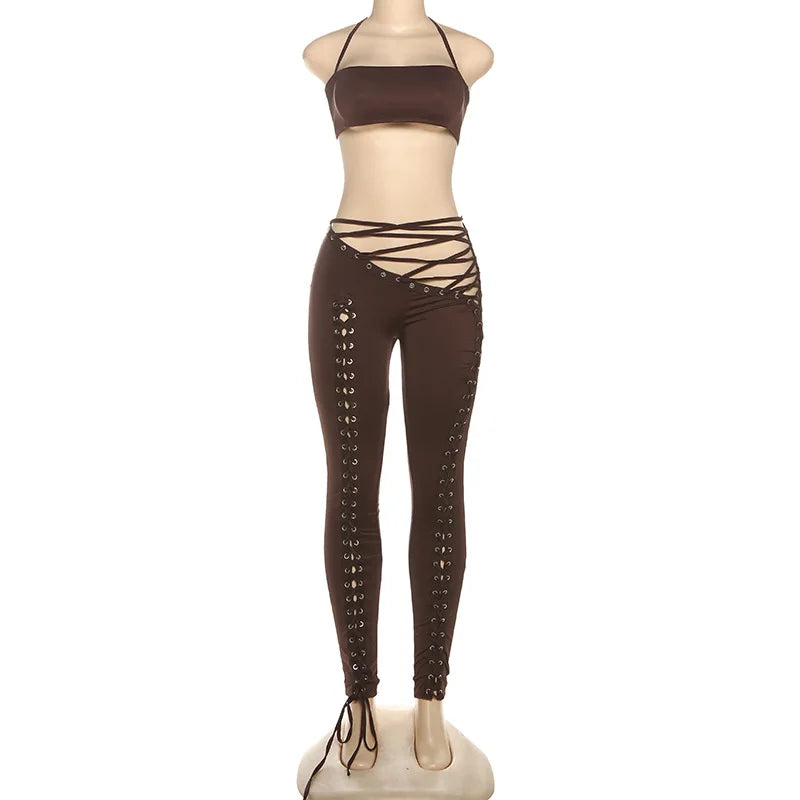 FAGADOER Sexy Bandage Patchwork 2 Piece Sets Woman Outfit Halter Sleeveless Crop Tops and Pants Matching Suit Female Streetwear