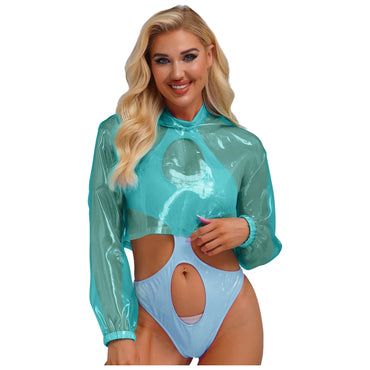 Womens Sparkly Transparent Hooded Top Holographic Long Sleeve Cropped Tee Shirts Festival Rave Outfits Pullover Hoodie Clubwear