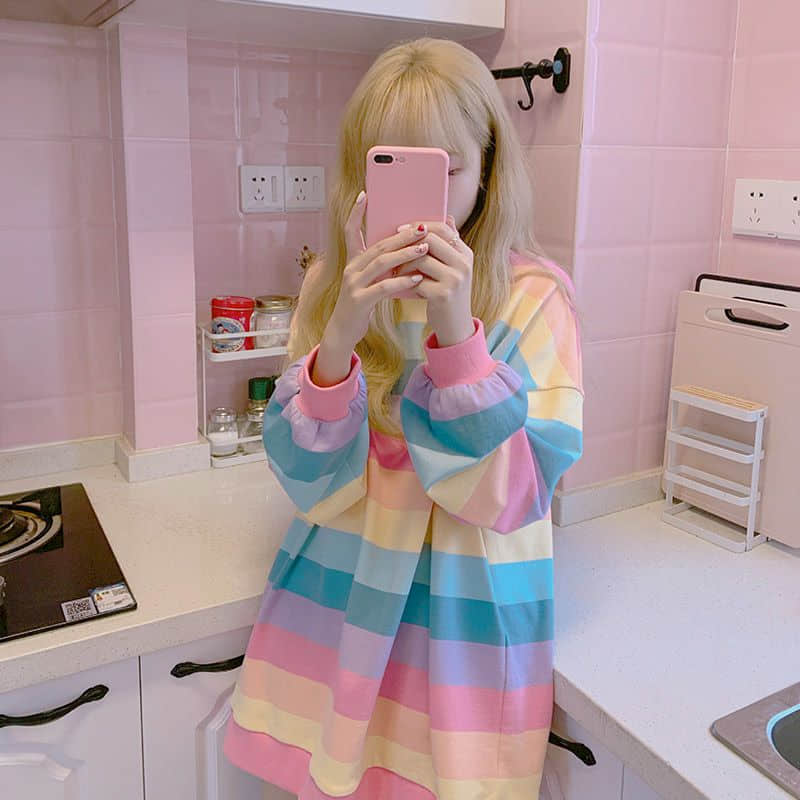 Sexy Women's Jacket Autumn Winter Rainbow Striped Long-sleeved Hoodless Shirt