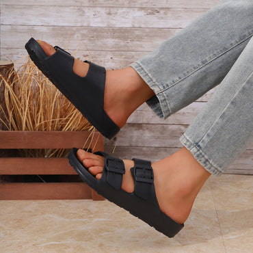Men's Casual Simple Buckle Adjustable Eva One-Piece Double-Bar Flat Slip-On Slippers Suitable for Home and Outdoor Beach Sandals