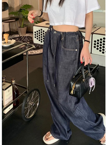 High Waist Dstring Loose Wide Leg Jeans for Women Faionable Versatile Long Pants Taller Women Spring Autumn Winter