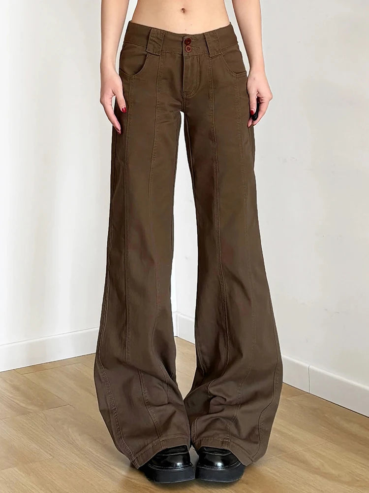 Brown Wide Leg Women's Jeans Y2K Grunge Style Low Rise Baggy Denim Pants Vintage Retro Casual Streetwear Korean Fashion Trousers