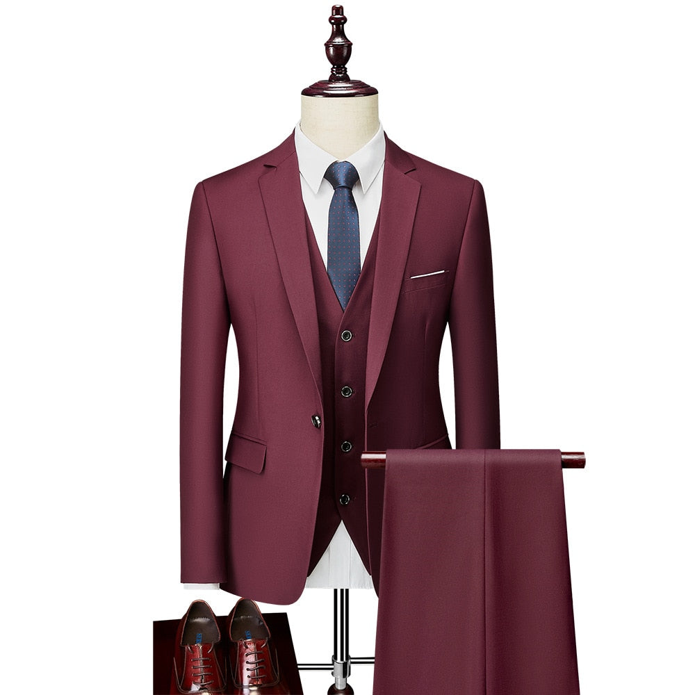 Luxury 3 Piece Men's Wedding Suit Fashion Men's Slim Solid Color Business Office Suit Sets Large Size Men Blazer+ Pants + Vest