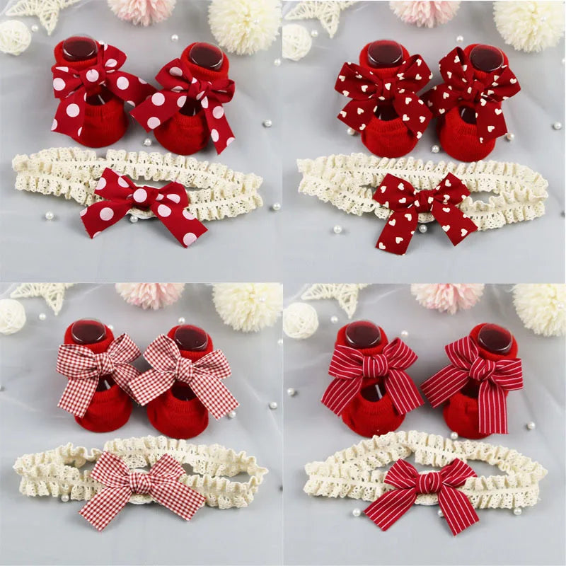 Cute Infant Headband Socks Combo - Breathable Bow Headband & Grip Socks for Baby (1 Set)