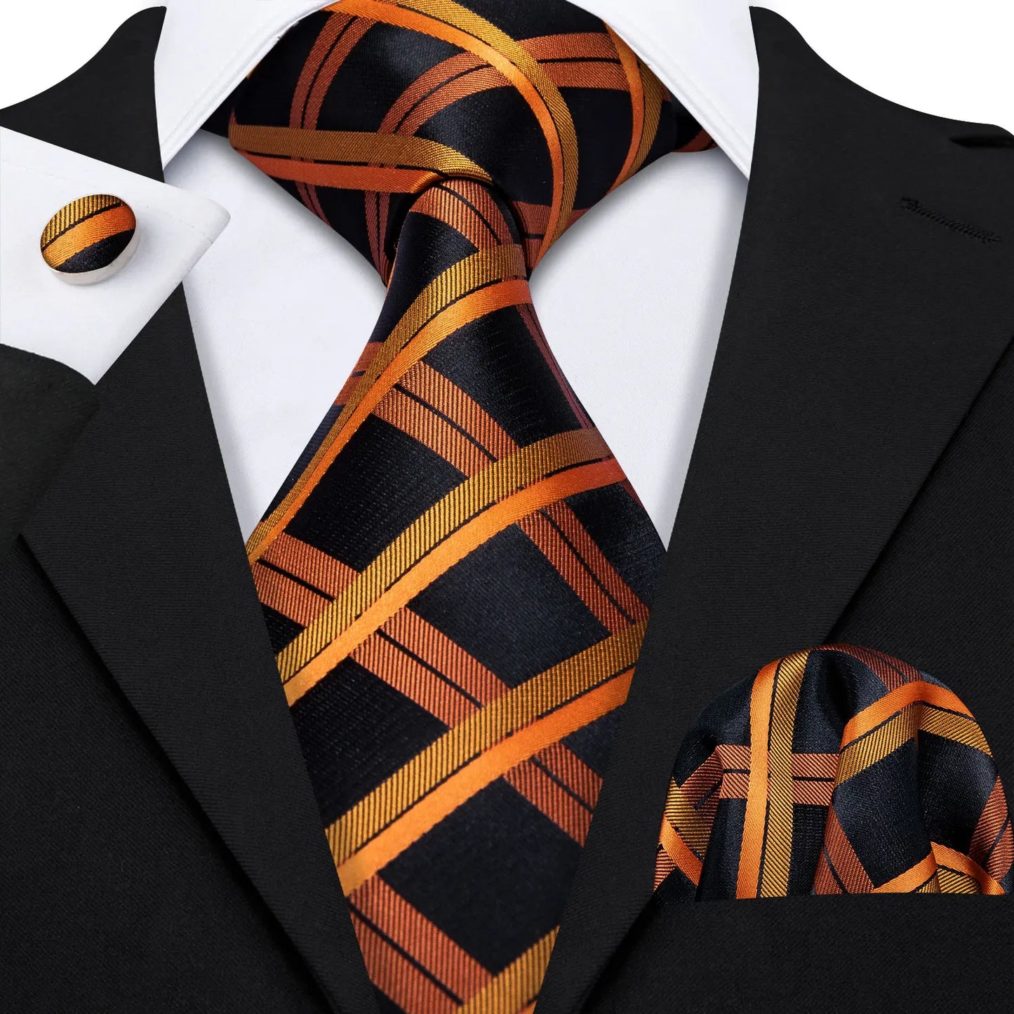 Barry.Wang Plaid Silk Men Tie Hanky Cufflinks Set Checked Jacquard Necktie for Male Formal Casual Wedding Business Party Events