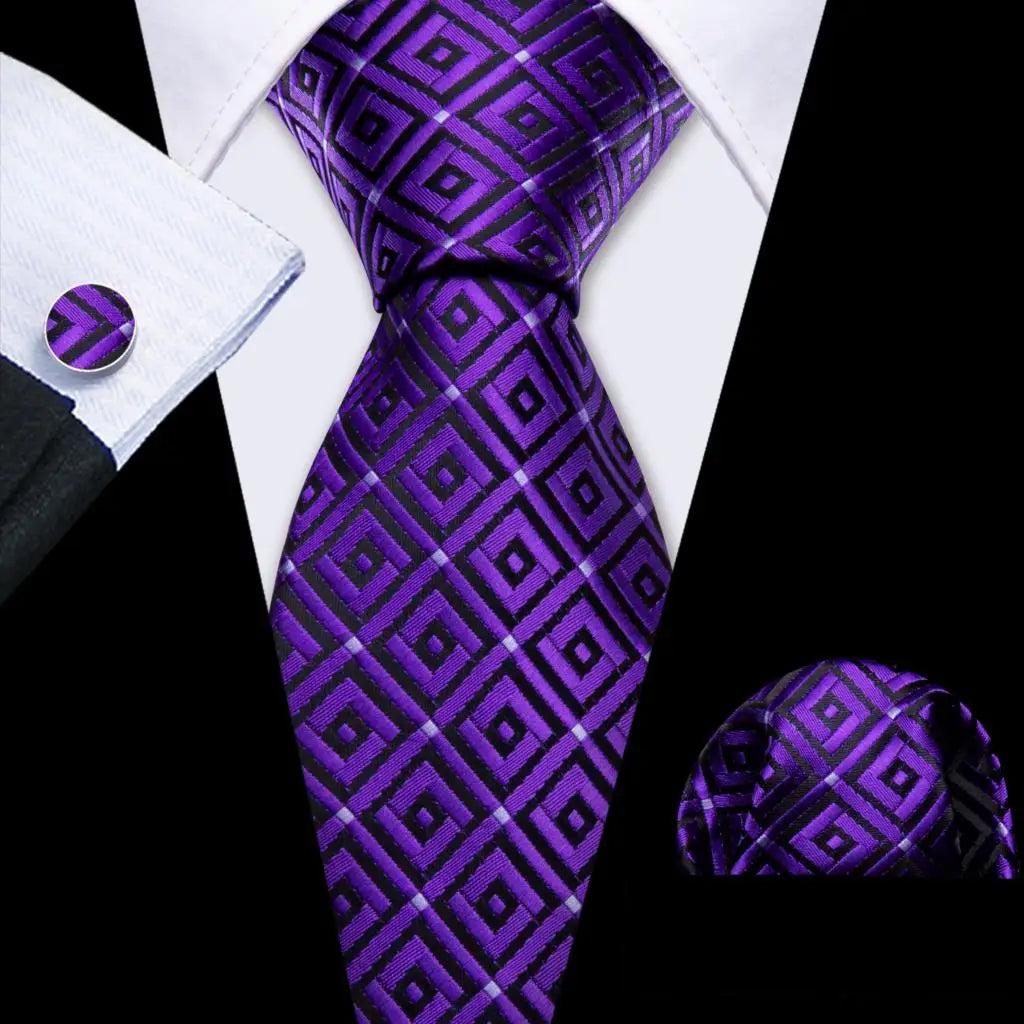 Barry.Wang Plaid Silk Men Tie Hanky Cufflinks Set Checked Jacquard Necktie for Male Formal Casual Wedding Business Party Events