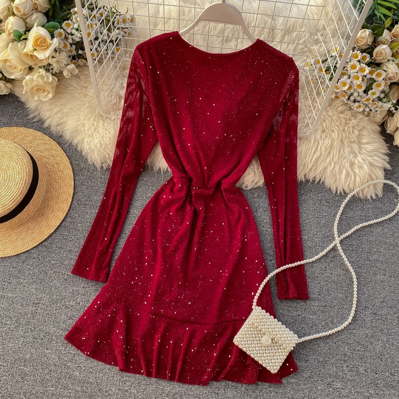 FTLZZ New Women's Dresses Spring Long Sleeve V-neck Elegant Dresses Casual Asymmetrical Ruffle Mini Dress Party Dress