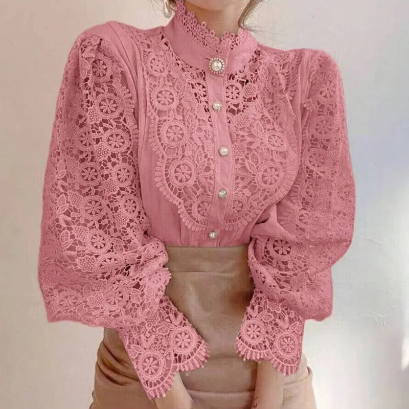 Shirt Women Blusas Mujer De Moda Office Lady Flower Blouse Spring Hollow Out Lace Stand Collar Button Female Clothing 12419