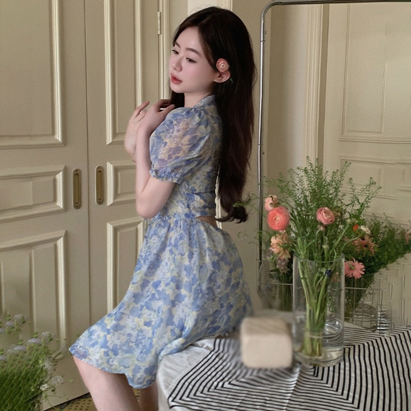 Sexy Y2k Mini Dress Summer Sweet Kawaii Women Retro Floral Puff Sleeve Fairy Dress