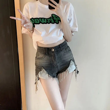 Denim Shorts for Women Fringe Ripped Wide Short Jean Pants Woman Micro Mini Hot Aesthetic Design Streetwear Cheap Youthful Flowy