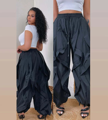 Summer Fashion 2025 Women Ruffle Print Cargo Pants Casual New Female Streetwear Joggers Elastic High Waist Loose Latern Trousers