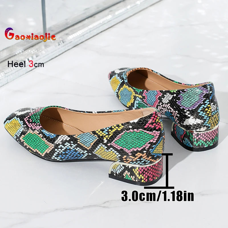 2025 New Comfortable Women's Coarse Heels Single Shoes Snake Patterned Leather Shallow Mouth Square Head Female Profession Pumps