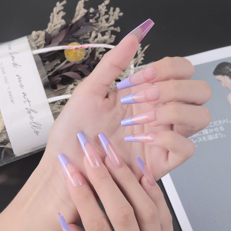 24pcs Strawberry Girl Long Ballet False Nails Art Removable Acrylic Press On Nail Tips