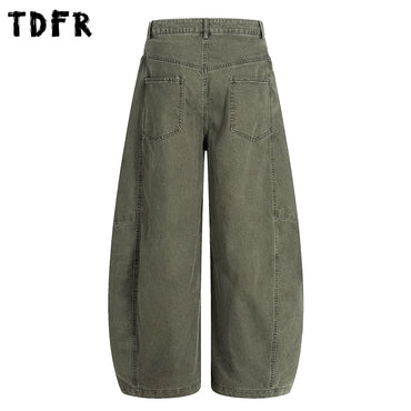 Spliced Faded Jeans Mens Retro Casual Washed Distressed Baggy Wide Leg Banana Denim Pants Man