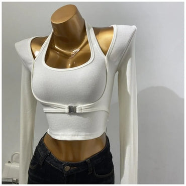 Women's Design Sexy Halter Fake Two Piece Top Metal Button Slim Long Sleeve T-shirt 2023 Spring Summer New  футболки