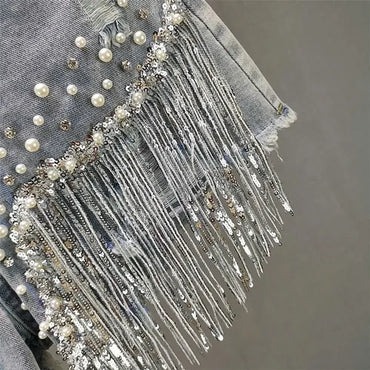 Denim Shorts Women's 2025 Summer Clothes New European High Waist Thin Heavy Industry Beaded Sequined Fringed Broken Copper Jeans