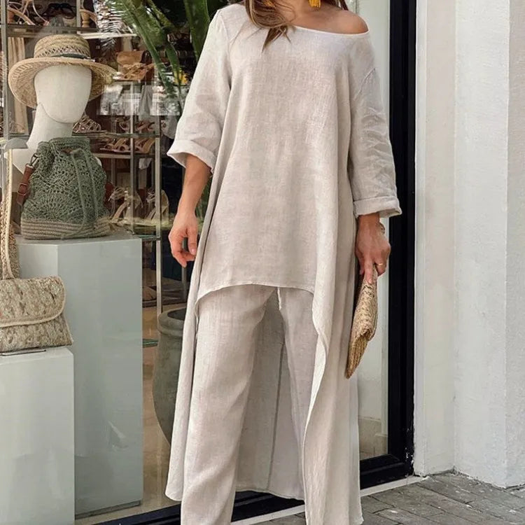 Summer Cotton Linen Casual Home 2 Piece Set For Women 2025 Fashion White Long Sleeve Shirt And Shorts Two Piece Sets Tracksuit