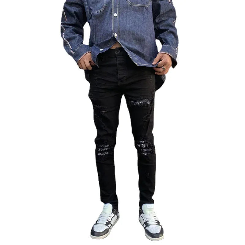 High Street Fashion Men Jeans Black Elastic Stretch Skinny Ripped Jeans Men Paisley Patched Designer Hip Hop Brand Pants Hombre