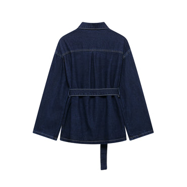 DUOPERI Women Fashion 2 Pieces Sets With Belt Denim Jackets & Vintage Front Zipper Jeans Trousers Feamle Chic Lady Pants Sets