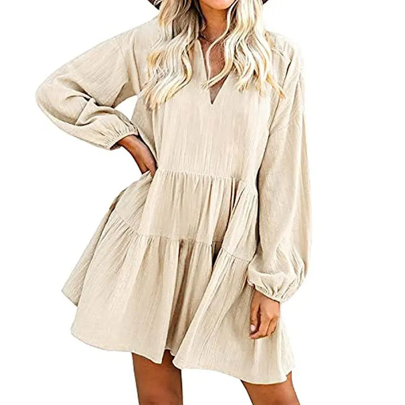 Fashion V-neck Loose Dress Fall Winter Long Sleeve Dress Lantern Sleeve Dress European and American Woman Dress Dresses