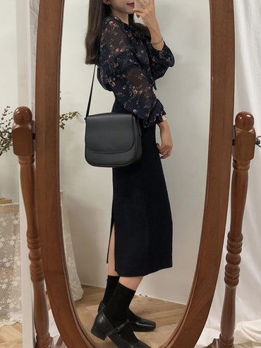 Solid Black Brown Mid Calf Women Skirt Vintage Spring Summer Straight Mi-long High Waist Girls skirts Femininas winter women