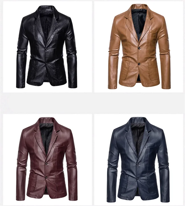 2024 New Men Business Casual Leather Jacket Black / khaki Fashion Male Suit Collar Coats Large Size 5XL Slim Fit Top