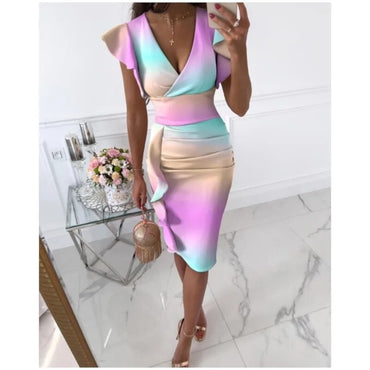 2023 Women's New Summer Fashion Temperament Elegant Sexy Comfortable V-neck Slim Fit Waist Pull Ruffle Edge Wrap Hip Dress