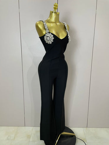 Shining Diamonds Womrn Sexy V-Neck Sleeveless Bandage Jumpsuit Celebrity Elegant Evening Party Club High Quality Birthday Outfit