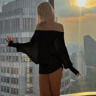 2000S Spring Summer Womens Fashion Tideway Solid Color Skirt Casual Party Clubwear Fit Long Sexy Sleeve Off Shoulder Short Dress