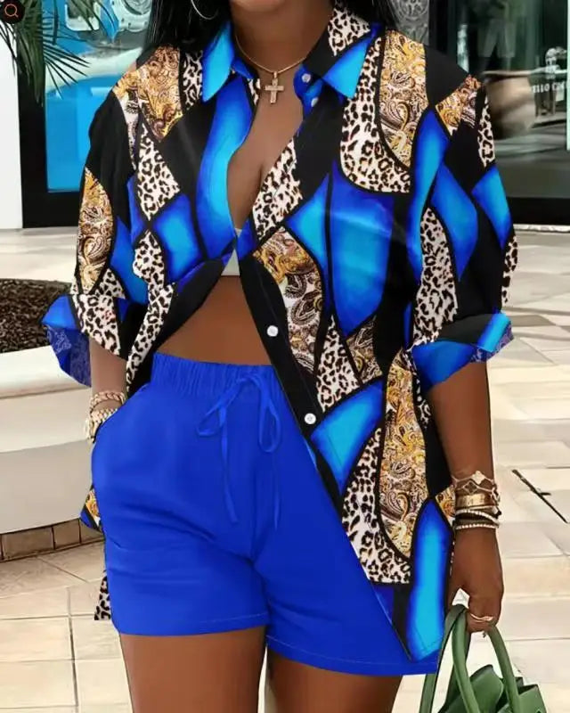 2025 Spring Autumn Casual Woman Sets Fashion Shirt Printed Button Shirt&Shorts Streetwear Shorts Pant Outfit Suit Two Piece Set