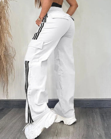 High Waist Stretchy Cargo Pants with Striped Tape Patch Shirred Design And Pockets for Women