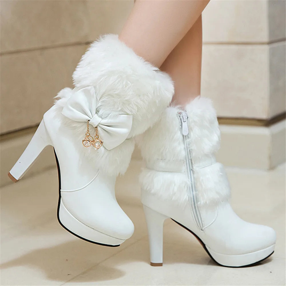 2025 Winter Womens Fashion High Heel Boots Pink White Black Fur Tassel Bowtie Lovely Lolita Ladies Party Wedding Shoes size32-43