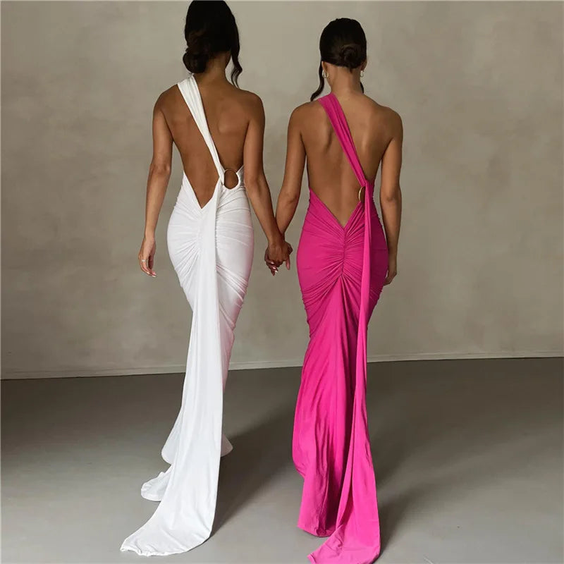 Backless Oblique Shoulder Maxi Dress for Women Back Ruched Strap Sleev –  Mega Mart Center