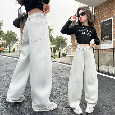 High quality plain color jeans for girls, spring and autumn 2025 new style, medium and large children's pants 4-16year