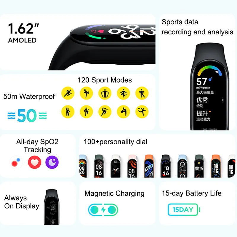 Xiaomi Mi Band 7 Smart Bracelet 6 Color AMOLED 1.62" Screen 24h Blood Oxygen Fitness Traker 5AM Waterproof