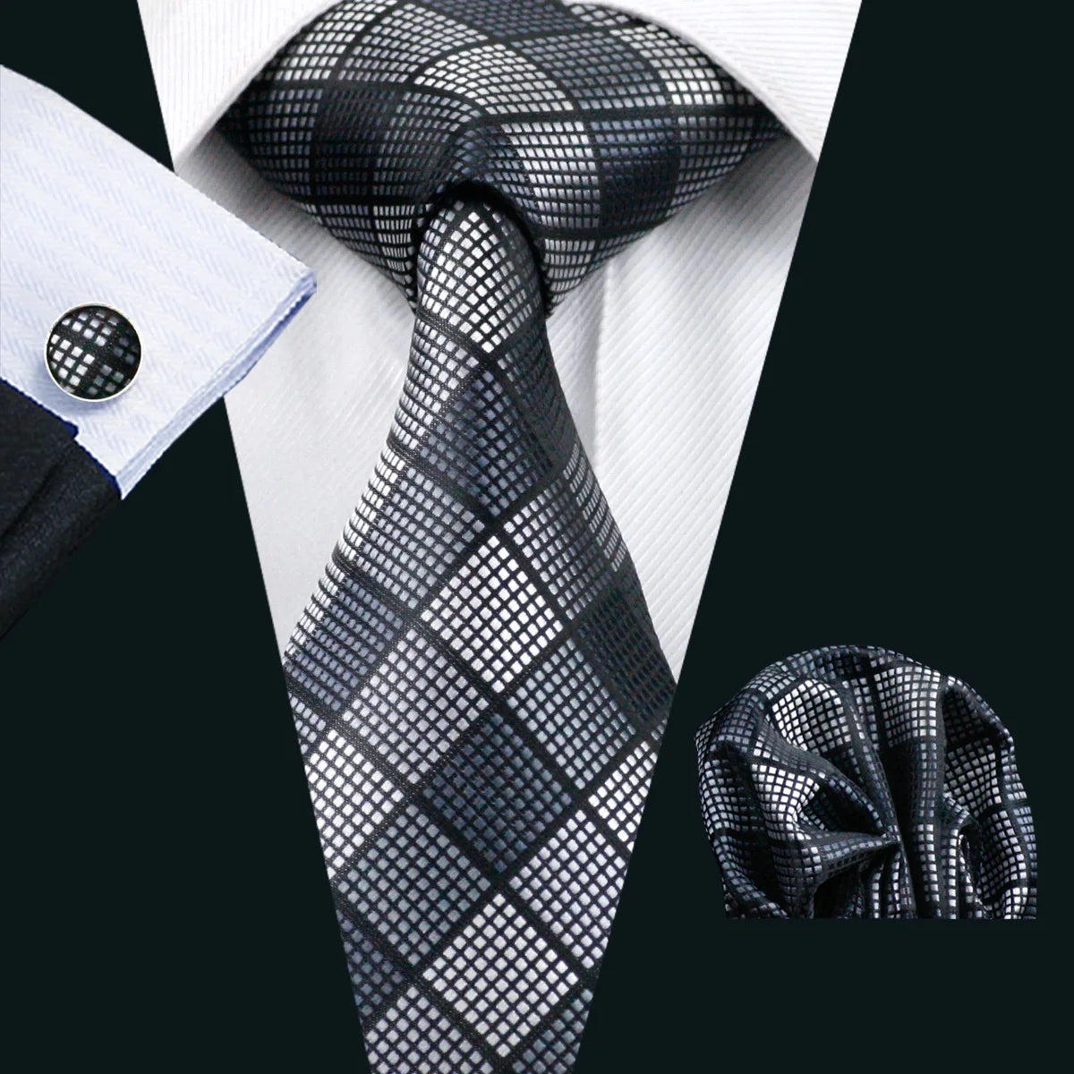 Barry.Wang Plaid Silk Men Tie Hanky Cufflinks Set Checked Jacquard Necktie for Male Formal Casual Wedding Business Party Events