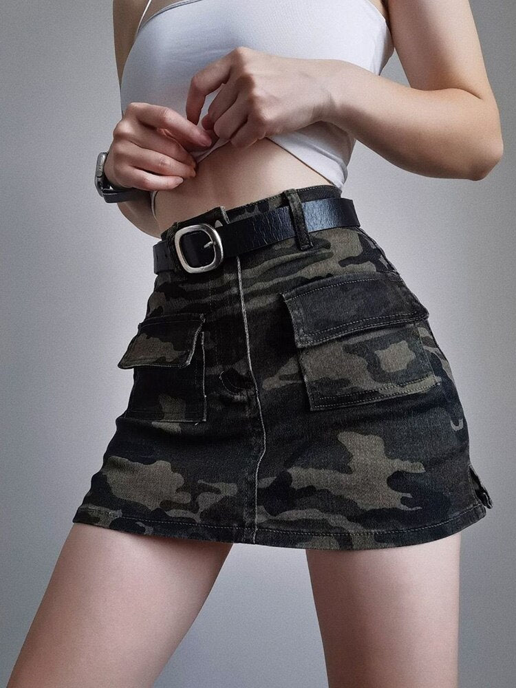 Zoki Sexy Women Streetwear Camouflage Cargo Skirt High Waist American Retro Mini Skirts Harajuku Female Pockets A Line Skirt New