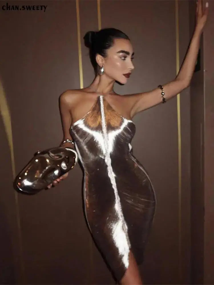 Sexy Hanging Neck Metallic Dress Woman Fashion Sparkling Off Shoulder