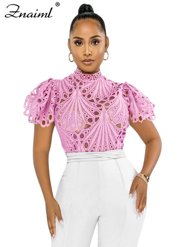 Znaiml Elegant Short Sleeve Hollow Out Mesh Lace T-shirt Sheer See Through Crop Top Women Summer Sexy Nightclub Party Blouses