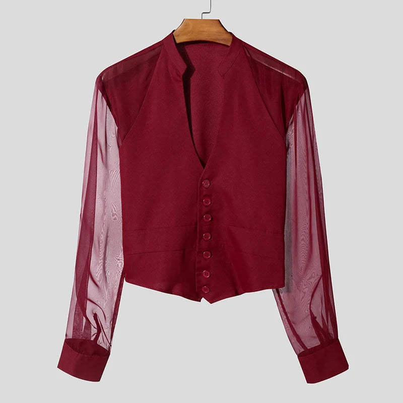 INCERUN Men Shirt Mesh Patchwork V Neck Long Sleeve Transparent Sexy Casual Male Shirts Streetwear Fashion Party Camisas 2025