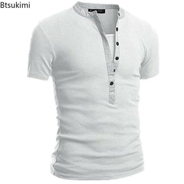 2026 Men's Summer Casual Shirts Solid V-neck Button Slim Fit T-Shirts for Men Fashion Short Sleeve Tees Tops Men Clothing S-3XL