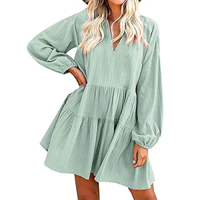 Fashion V-neck Loose Dress Fall Winter Long Sleeve Dress Lantern Sleeve Dress European and American Woman Dress Dresses