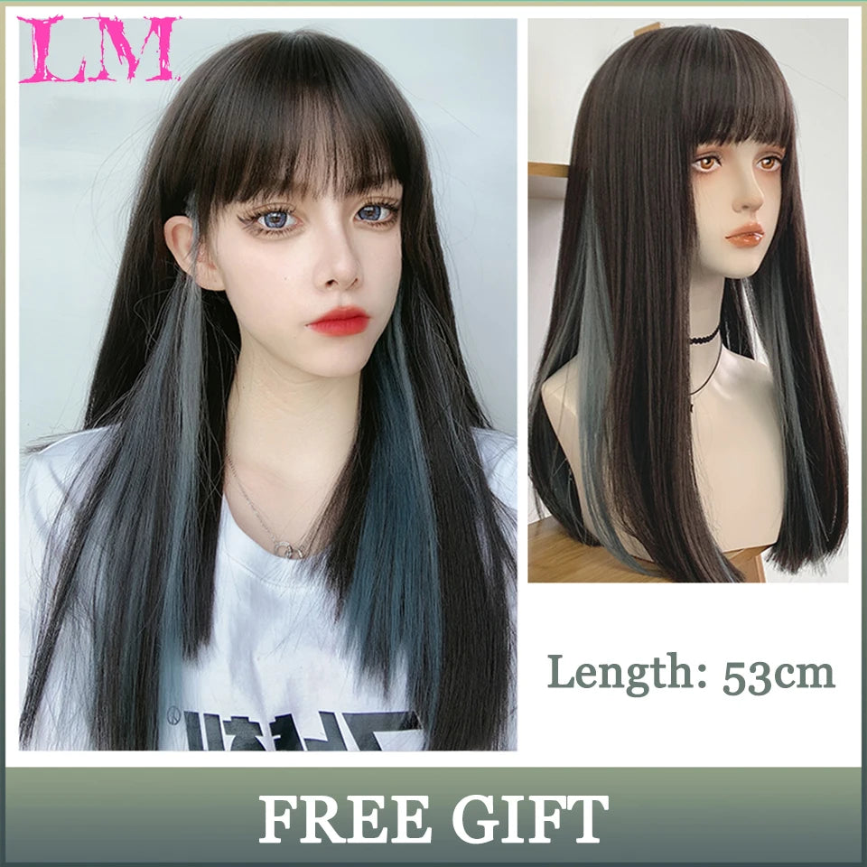 LM Synthetic Black Wig with Long Ponytail Short Straight Wig Lolita Cosplay Party Harajuku Blonde Wig With Bangs for Women